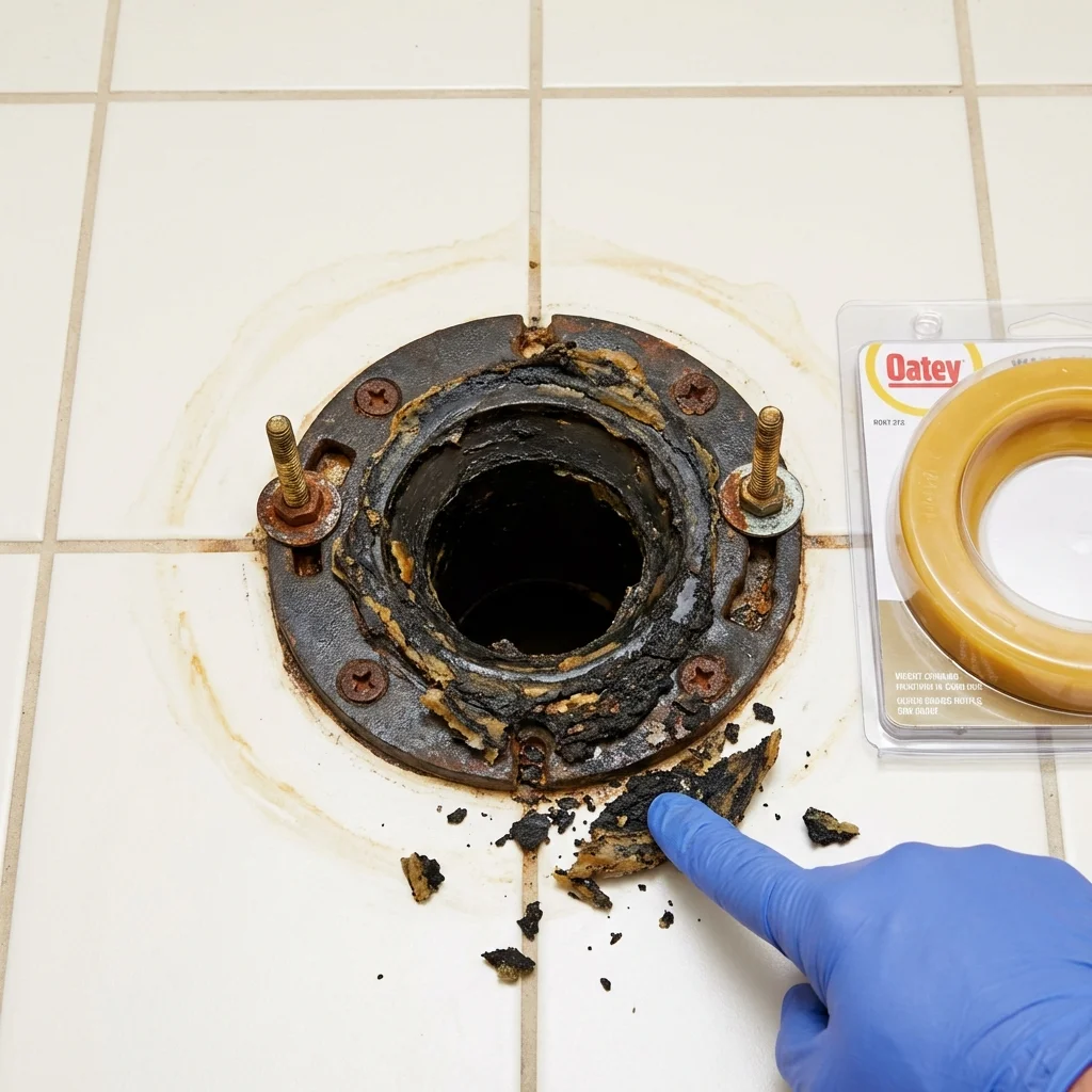 Failed wax ring showing water seepage at the base of a toilet in a Dexter, MI home